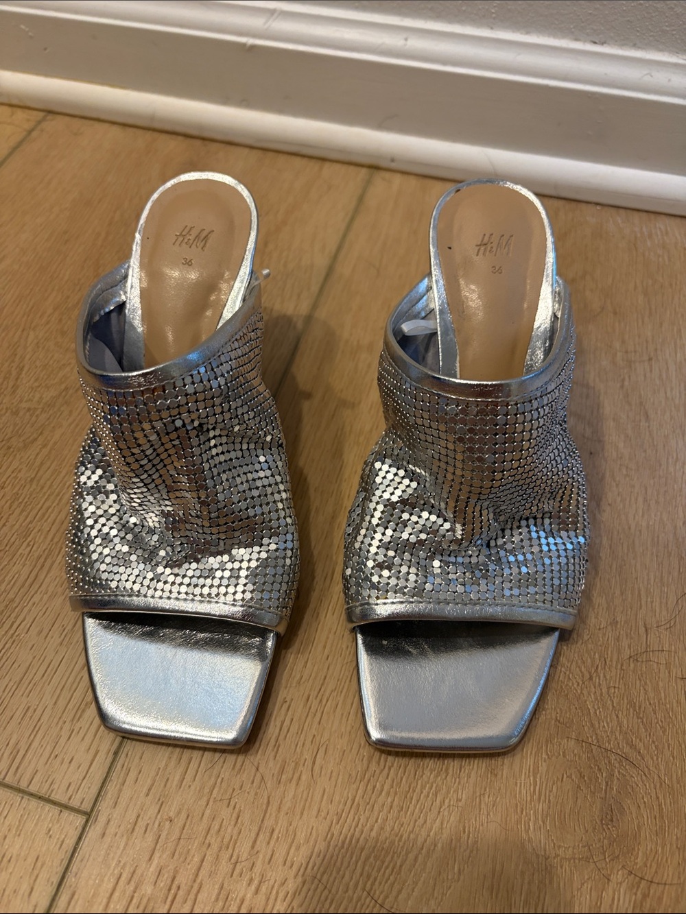 H&M Silver Sequin Square-Toe Slip-On Mules